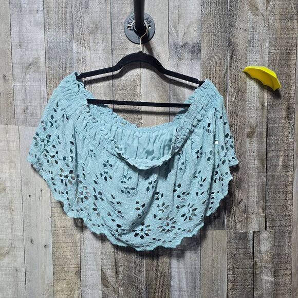 Free People Fp One Perla Top In Seafoam Green Crop Of Shoulder Embroidered Top - Picture 2 of 5